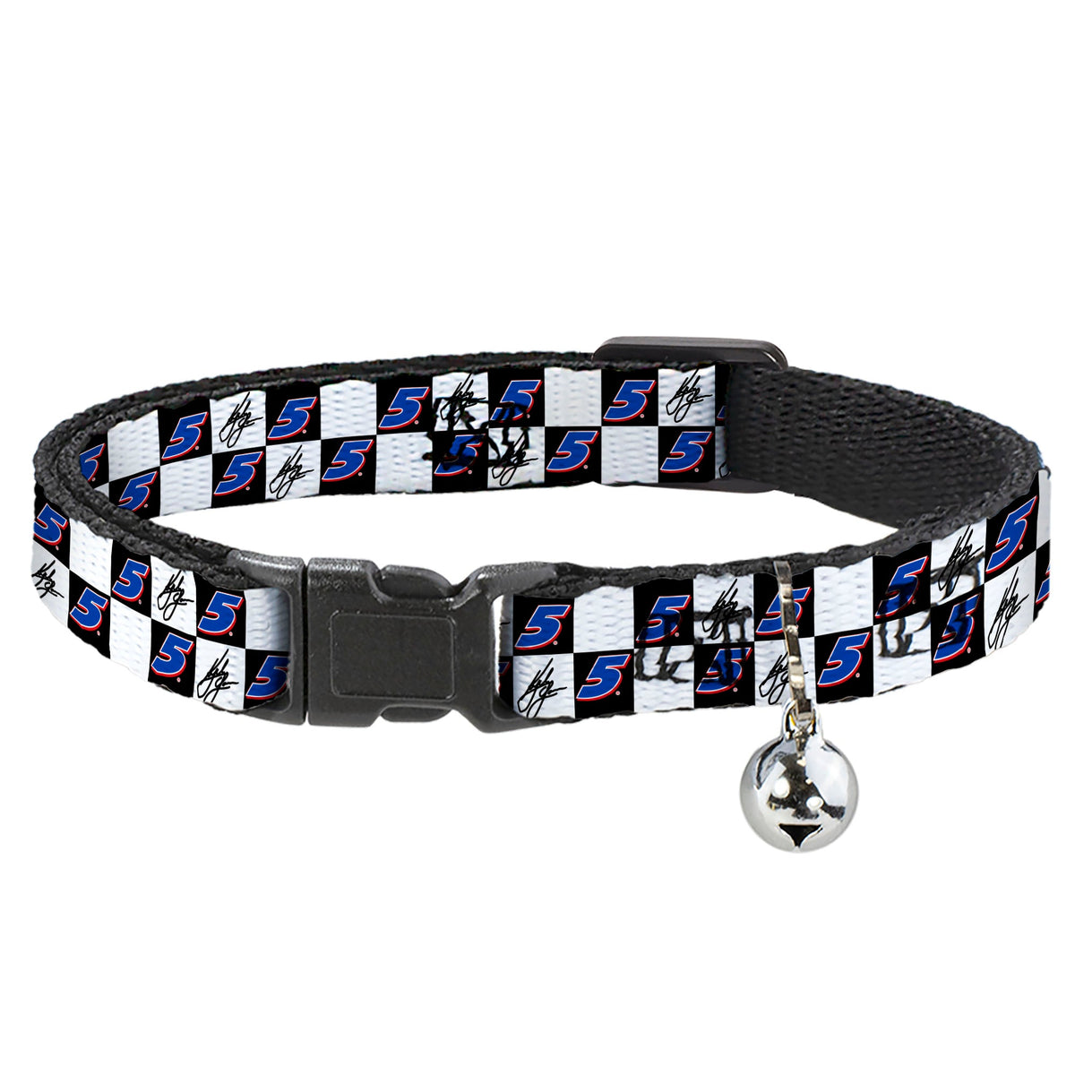 Breakaway Cat Collar with Bell - Kyle Larson Autograph and #5 Checker Logo Black/White/Blue/Red