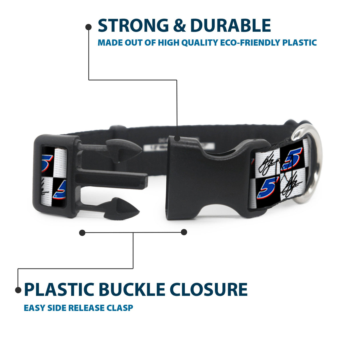 Plastic Clip Collar - Kyle Larson Autograph and #5 Checker Logo Black/White/Blue/Red