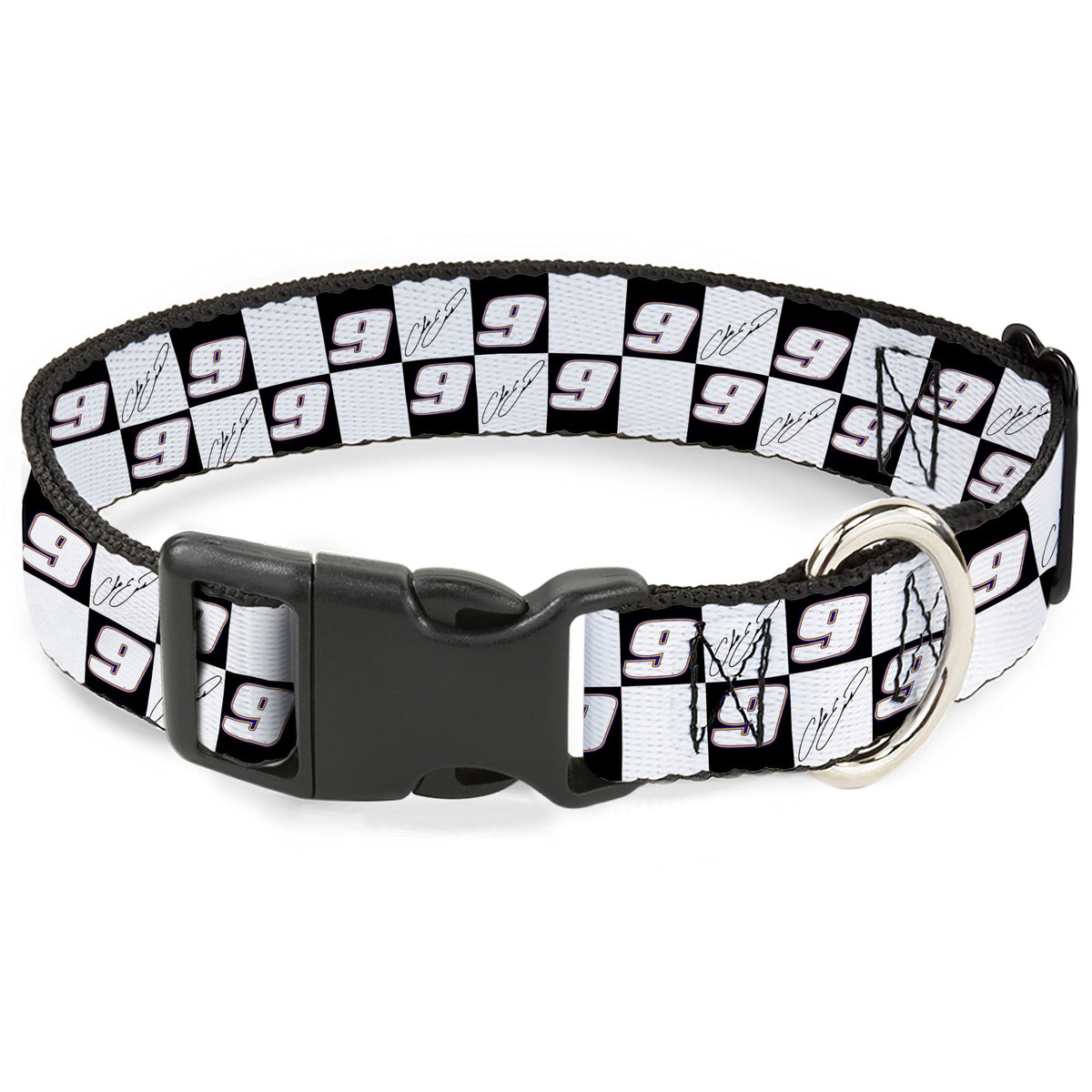 Plastic Clip Collar - Chase Elliott Autograph and #9 Checker Logo Black/White/Blue