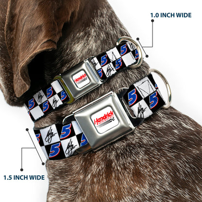 HENDRICK MOTORSPORTS Checker Logo Full Color Red/White Seatbelt Buckle Collar - Kyle Larson Autograph and #5 Checker Logo Black/White/Blue/Red