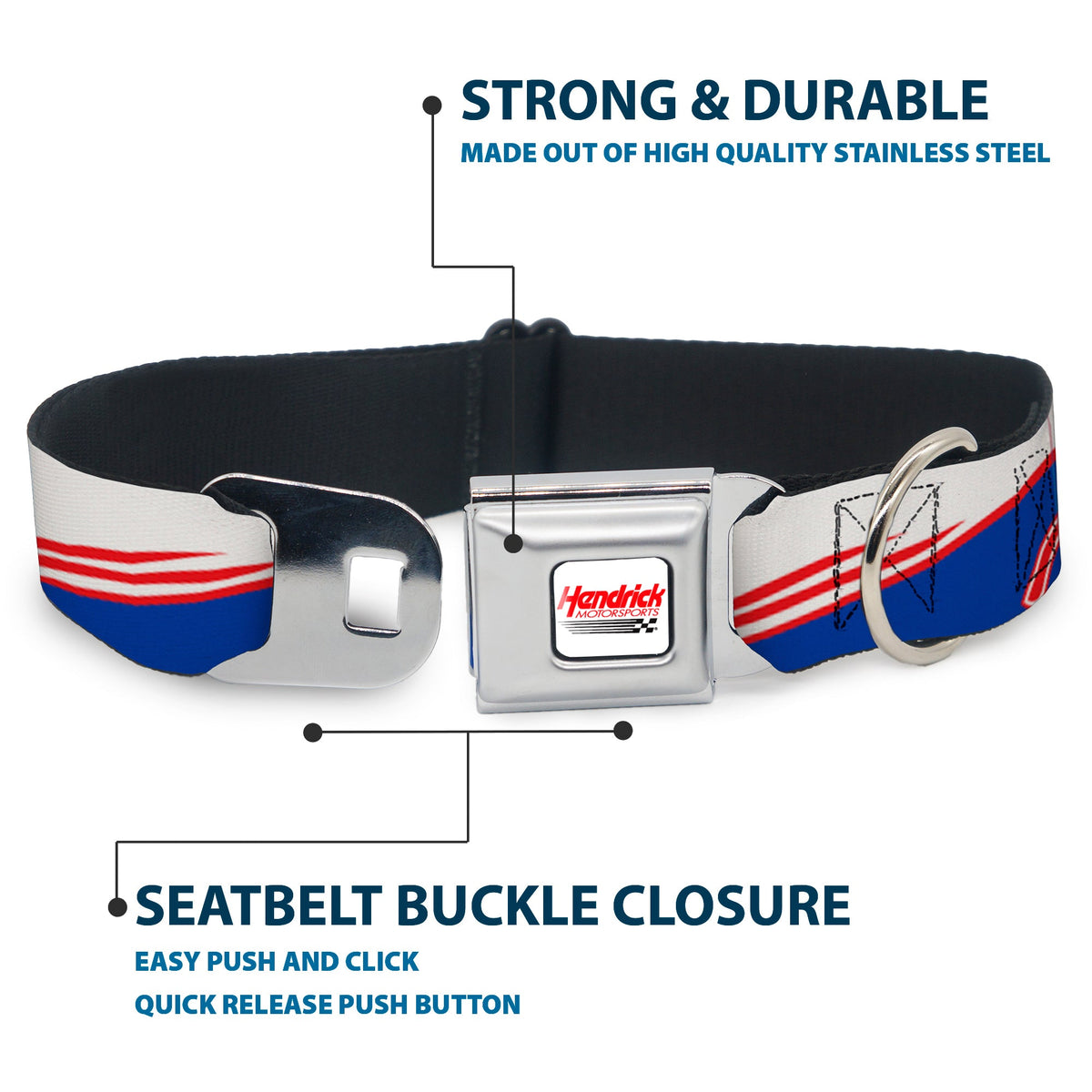 HENDRICK MOTORSPORTS Checker Logo Full Color Red/White Seatbelt Buckle Collar - Kyle Larson #5 Car Scheme White/Blue/Red