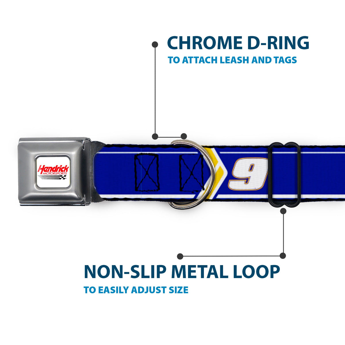 HENDRICK MOTORSPORTS Checker Logo Full Color Red/White Seatbelt Buckle Collar - Chase Elliott #9 Car Scheme Blue/Yellow/White