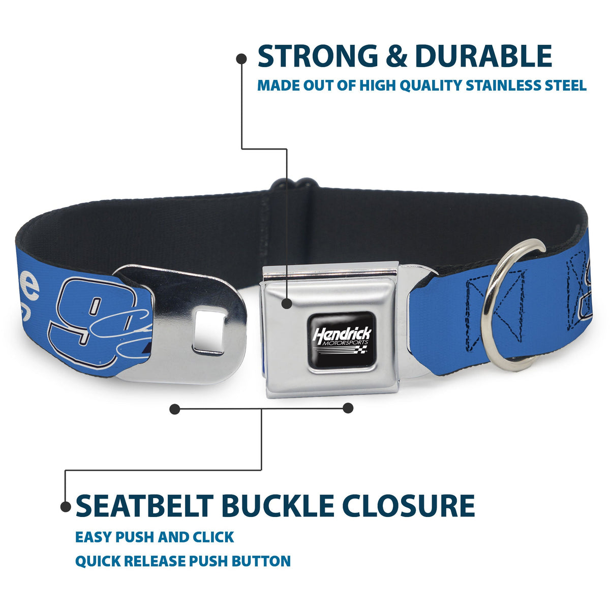 HENDRICK MOTORSPORTS Checker Logo Full Color Black/White Seatbelt Buckle Collar - Chase Elliott #9 Autograph PRIME Logo Blue/Black/White