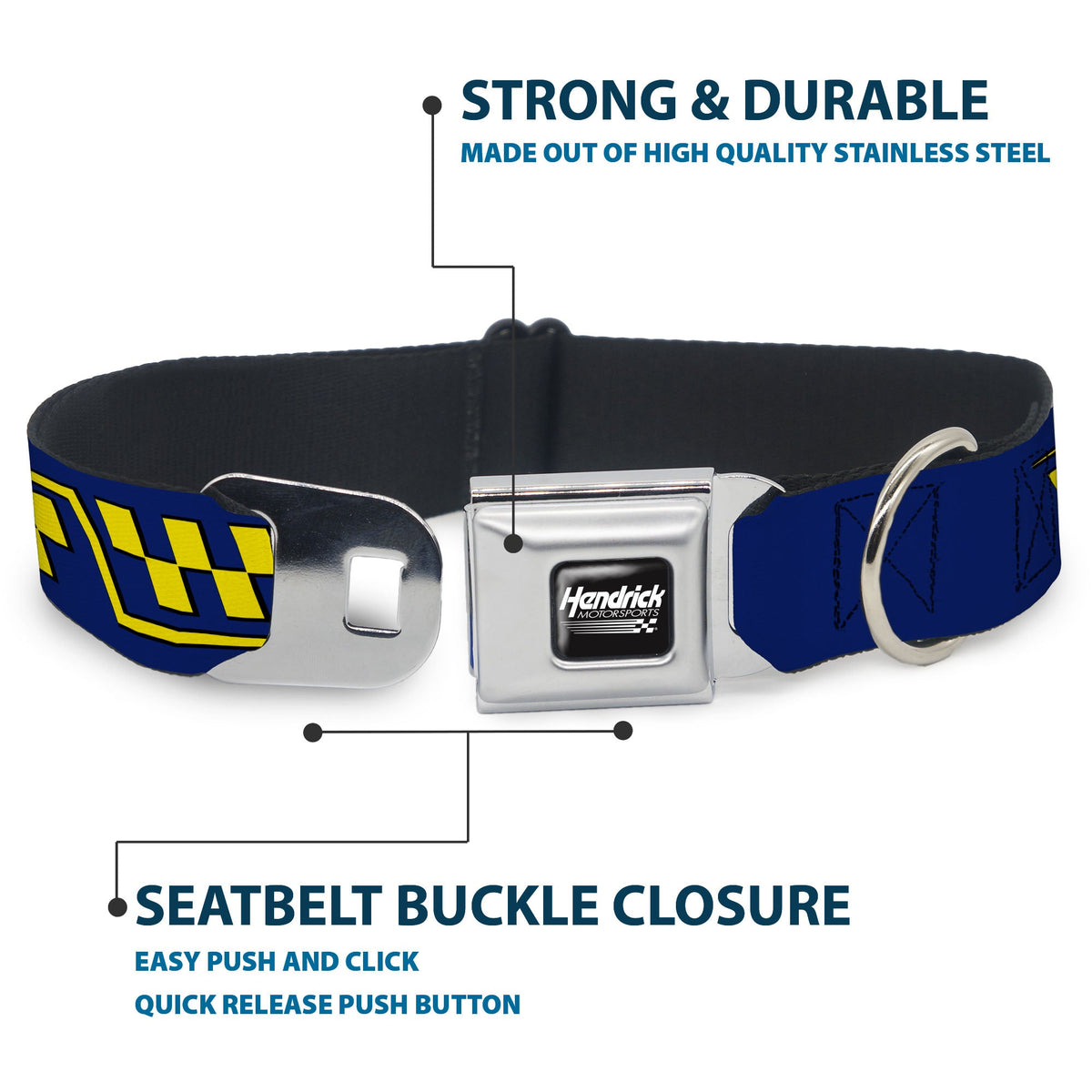 HENDRICK MOTORSPORTS Checker Logo Full Color Black/White Seatbelt Buckle Collar - Jimmie Johnson #48 Autograph Checker Blue/Yellow