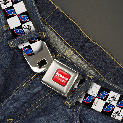 HENDRICK MOTORSPORTS Checker Logo Full Color Red/White Seatbelt Belt - Kyle Larson Autograph and #5 Checker Logo Black/White/Blue/Red Webbing