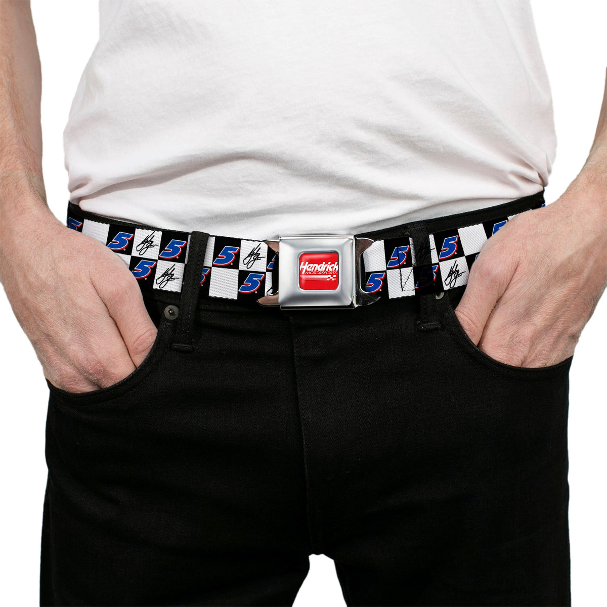 HENDRICK MOTORSPORTS Checker Logo Full Color Red/White Seatbelt Belt - Kyle Larson Autograph and #5 Checker Logo Black/White/Blue/Red Webbing