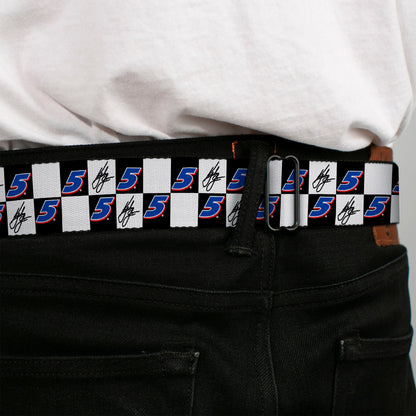 HENDRICK MOTORSPORTS Checker Logo Full Color Red/White Seatbelt Belt - Kyle Larson Autograph and #5 Checker Logo Black/White/Blue/Red Webbing