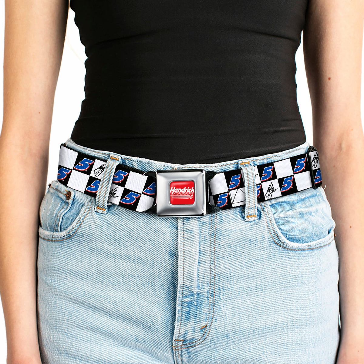 HENDRICK MOTORSPORTS Checker Logo Full Color Red/White Seatbelt Belt - Kyle Larson Autograph and #5 Checker Logo Black/White/Blue/Red Webbing
