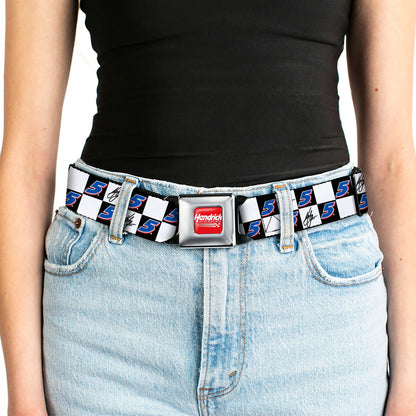 HENDRICK MOTORSPORTS Checker Logo Full Color Red/White Seatbelt Belt - Kyle Larson Autograph and #5 Checker Logo Black/White/Blue/Red Webbing