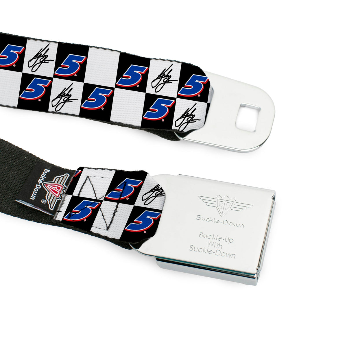 HENDRICK MOTORSPORTS Checker Logo Full Color Red/White Seatbelt Belt - Kyle Larson Autograph and #5 Checker Logo Black/White/Blue/Red Webbing
