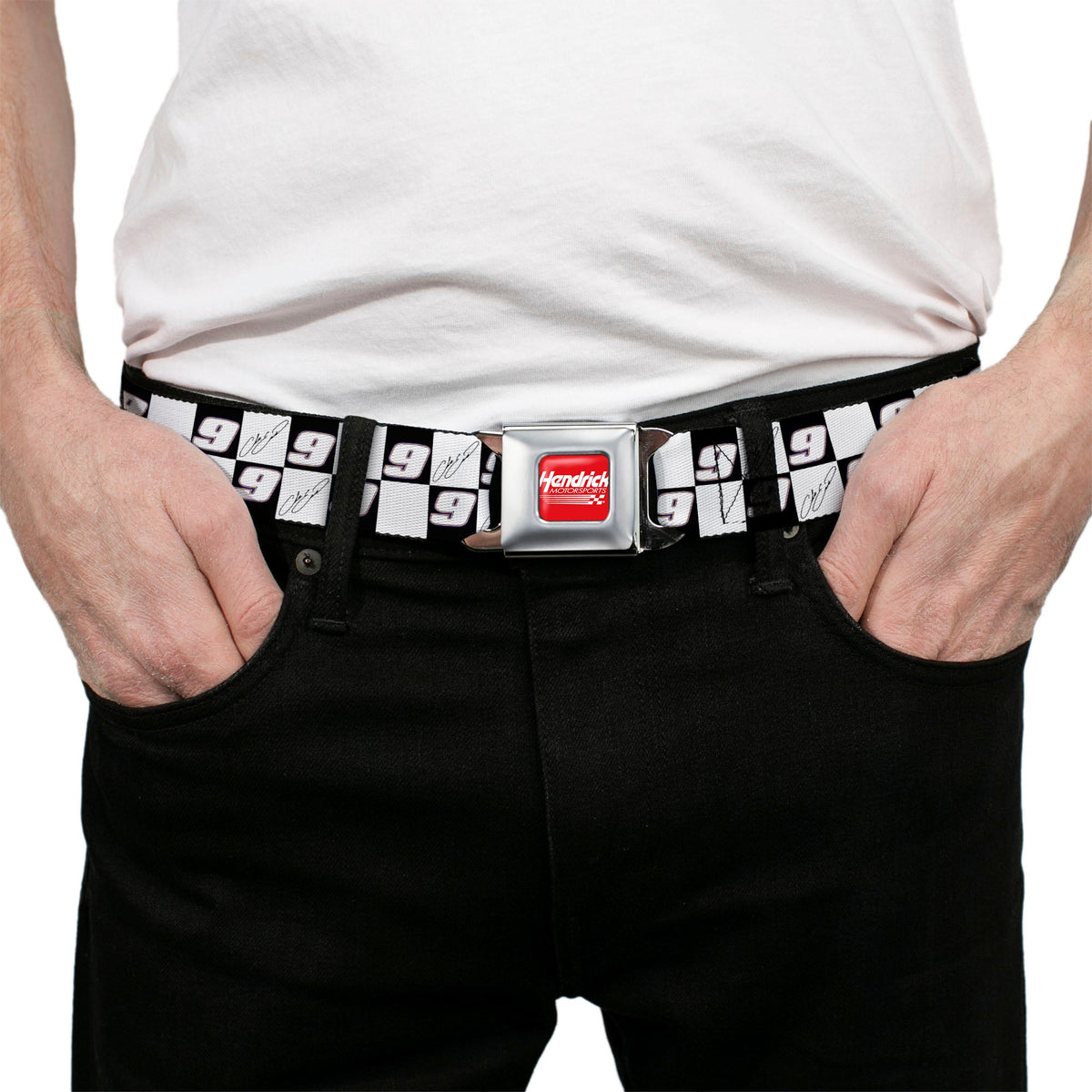 HENDRICK MOTORSPORTS Checker Logo Full Color Red/White Seatbelt Belt - Chase Elliott Autograph and #9 Checker Logo Black/White/Blue Webbing