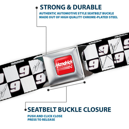 HENDRICK MOTORSPORTS Checker Logo Full Color Red/White Seatbelt Belt - Chase Elliott Autograph and #9 Checker Logo Black/White/Blue Webbing