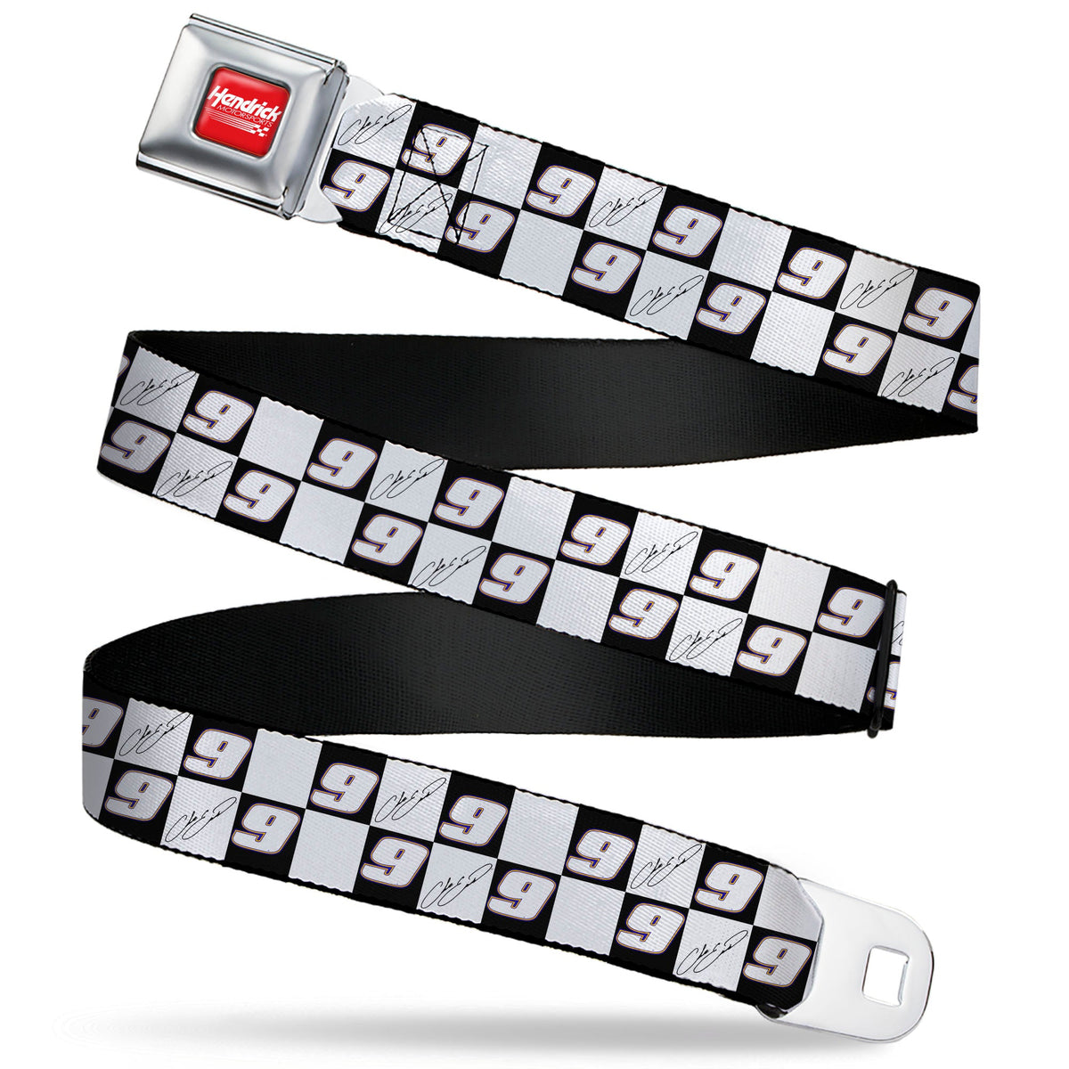 HENDRICK MOTORSPORTS Checker Logo Full Color Red/White Seatbelt Belt - Chase Elliott Autograph and #9 Checker Logo Black/White/Blue Webbing