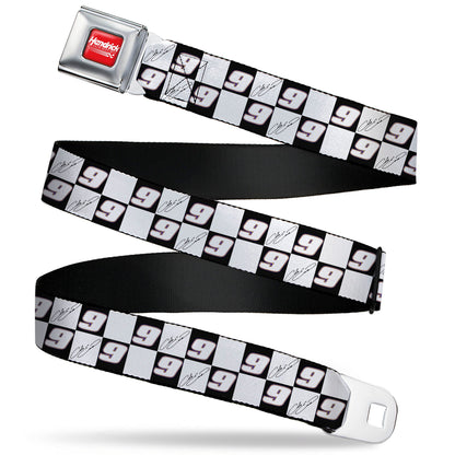 HENDRICK MOTORSPORTS Checker Logo Full Color Red/White Seatbelt Belt - Chase Elliott Autograph and #9 Checker Logo Black/White/Blue Webbing