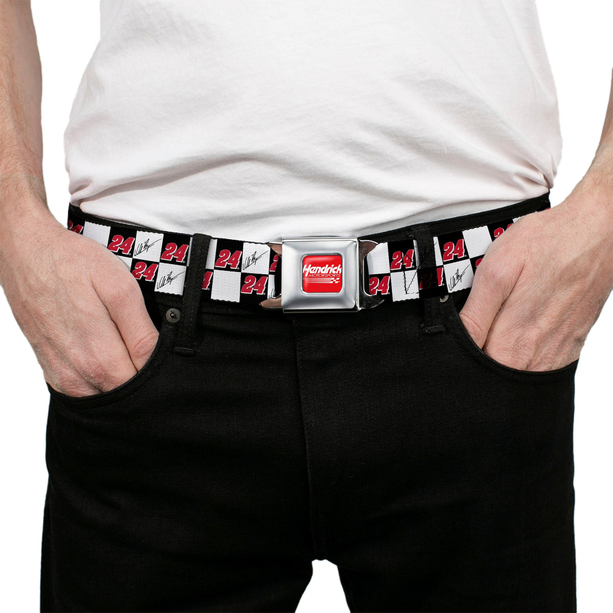HENDRICK MOTORSPORTS Checker Logo Full Color Red/White Seatbelt Belt - William Byron Autograph and #24 Checker Logo Black/White/Red Webbing
