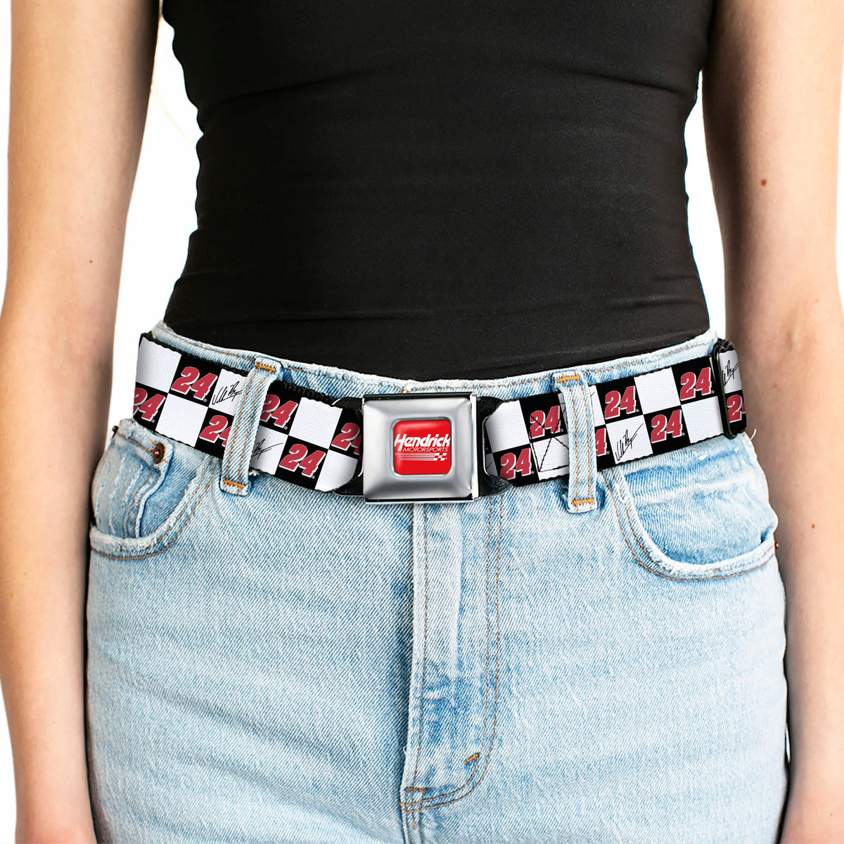 HENDRICK MOTORSPORTS Checker Logo Full Color Red/White Seatbelt Belt - William Byron Autograph and #24 Checker Logo Black/White/Red Webbing