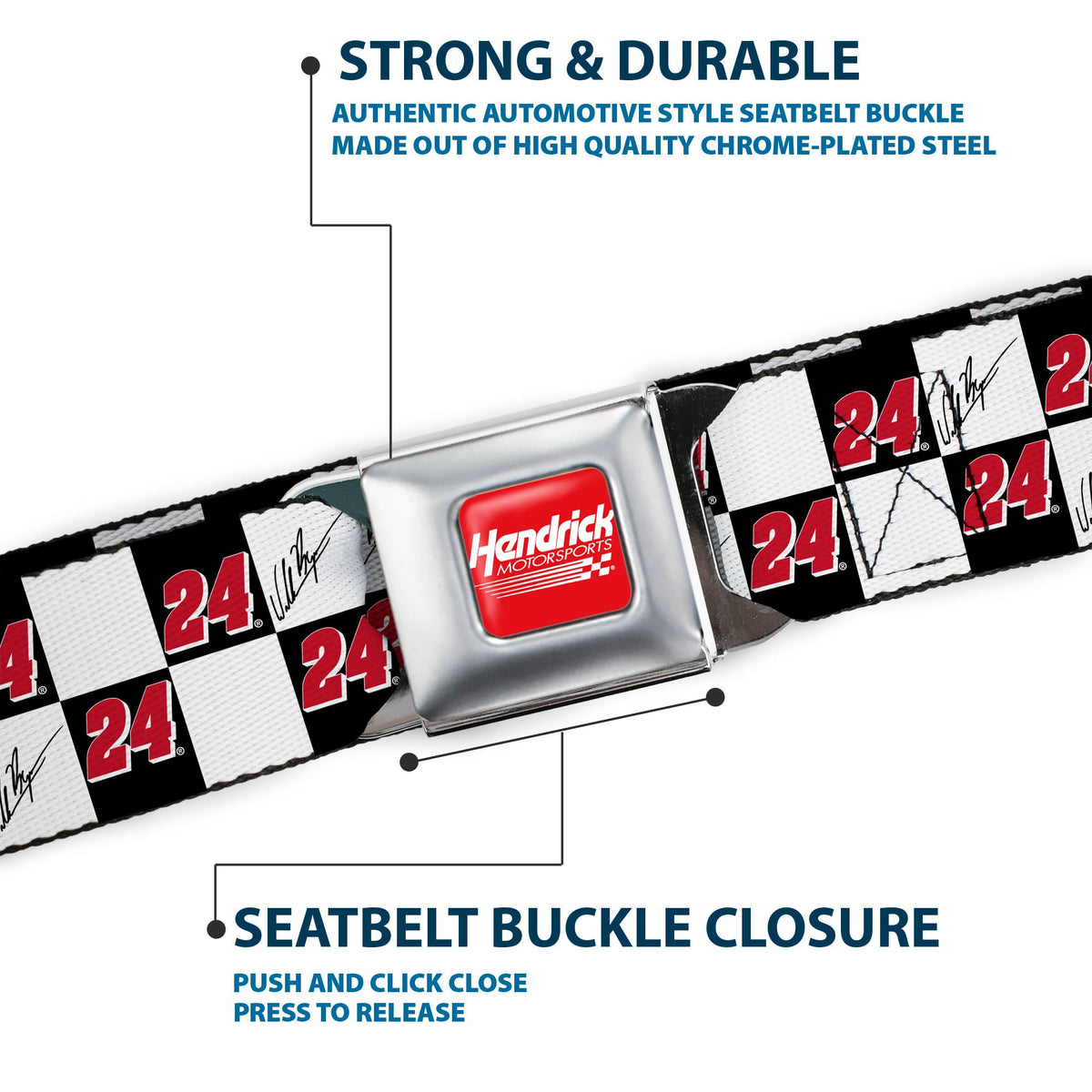 HENDRICK MOTORSPORTS Checker Logo Full Color Red/White Seatbelt Belt - William Byron Autograph and #24 Checker Logo Black/White/Red Webbing