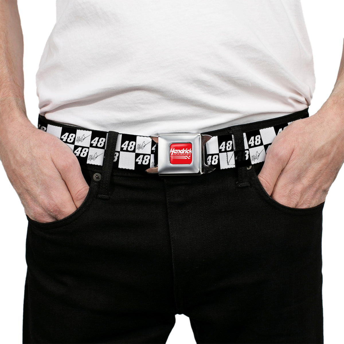 HENDRICK MOTORSPORTS Checker Logo Full Color Red/White Seatbelt Belt - Alex Bowman Autograph and #48 Checker Logo Black/White Webbing