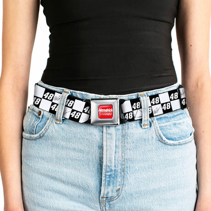 HENDRICK MOTORSPORTS Checker Logo Full Color Red/White Seatbelt Belt - Alex Bowman Autograph and #48 Checker Logo Black/White Webbing