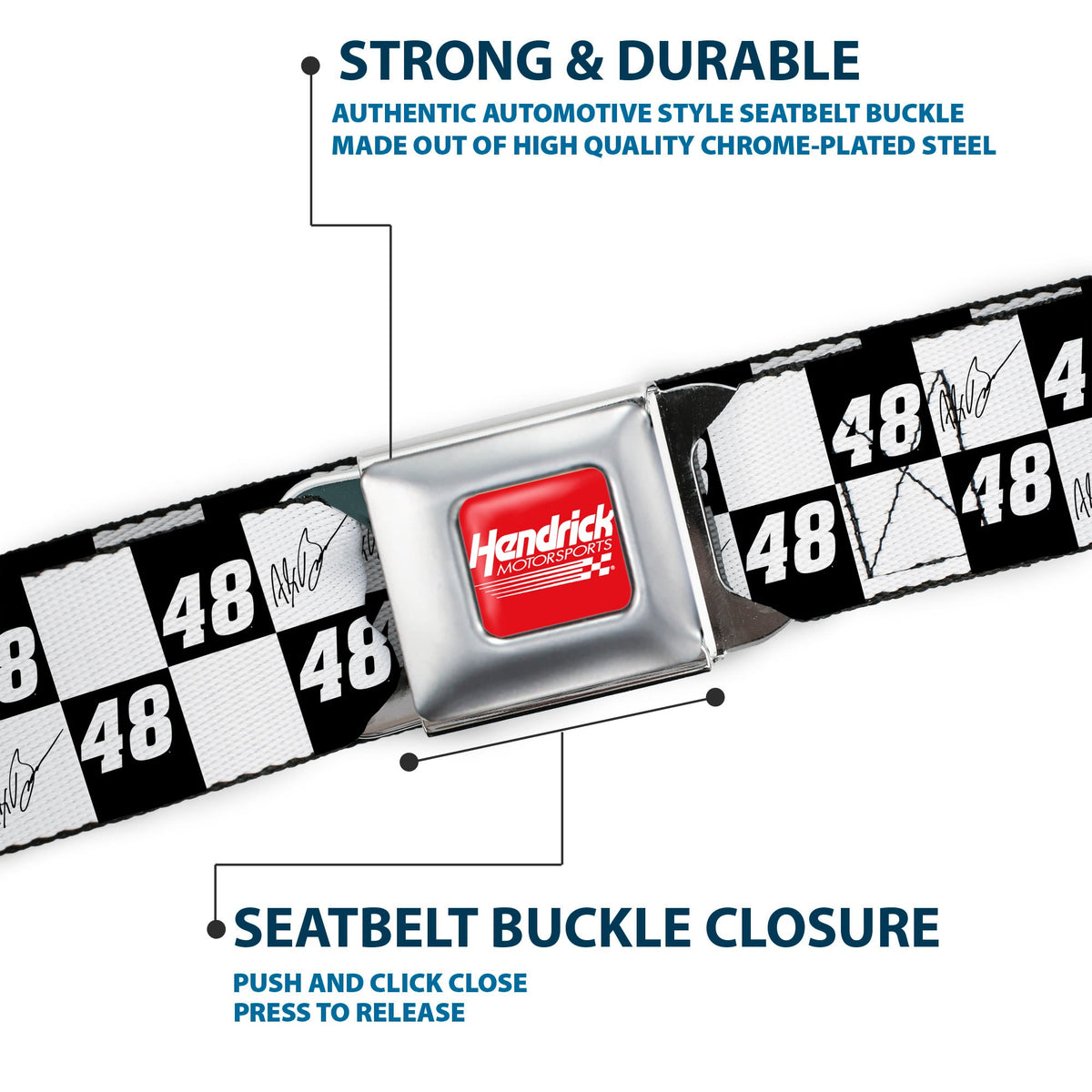 HENDRICK MOTORSPORTS Checker Logo Full Color Red/White Seatbelt Belt - Alex Bowman Autograph and #48 Checker Logo Black/White Webbing
