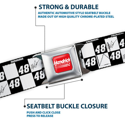 HENDRICK MOTORSPORTS Checker Logo Full Color Red/White Seatbelt Belt - Alex Bowman Autograph and #48 Checker Logo Black/White Webbing