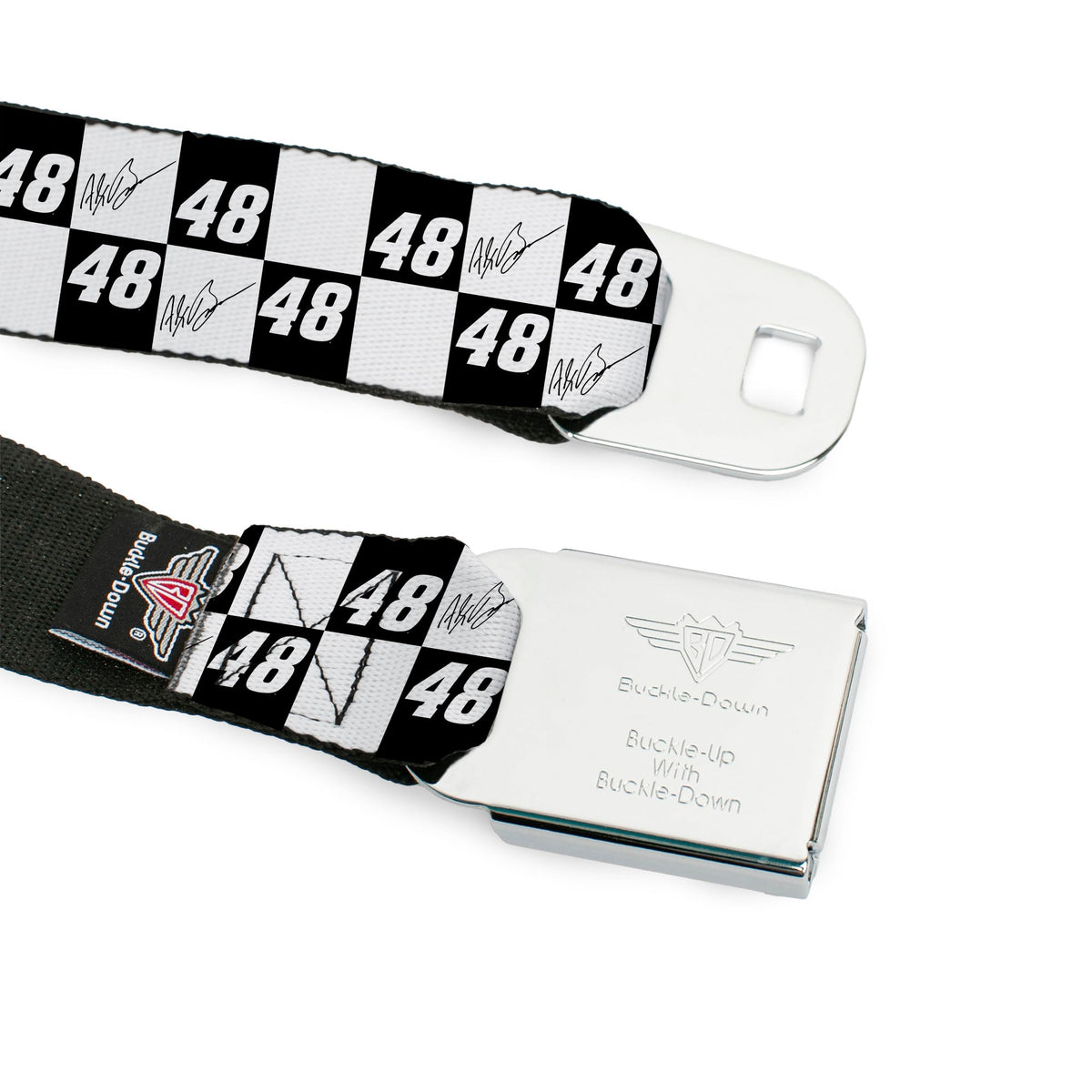 HENDRICK MOTORSPORTS Checker Logo Full Color Red/White Seatbelt Belt - Alex Bowman Autograph and #48 Checker Logo Black/White Webbing
