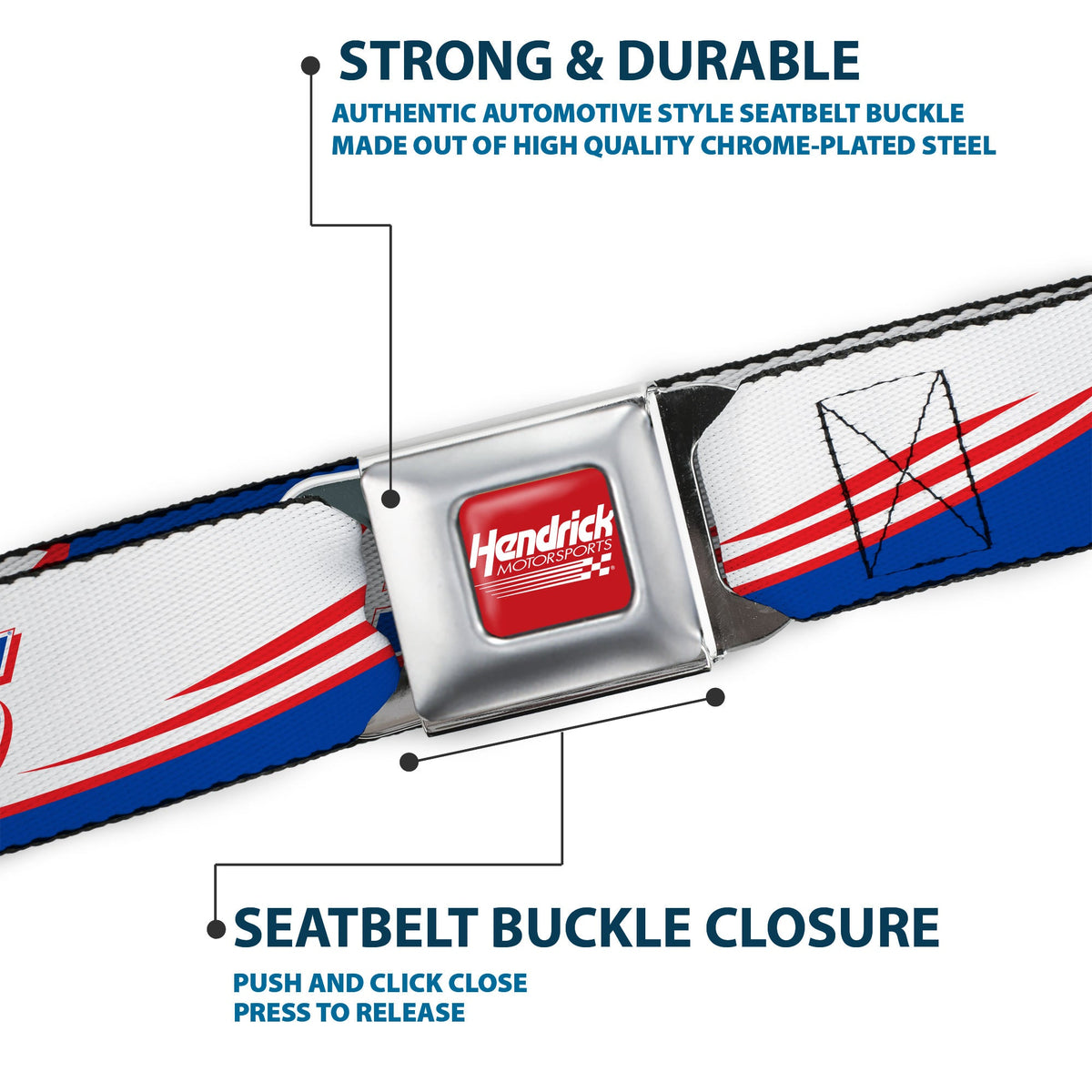 HENDRICK MOTORSPORTS Checker Logo Full Color Red/White Seatbelt Belt - Kyle Larson #5 Car Scheme White/Blue/Red Webbing