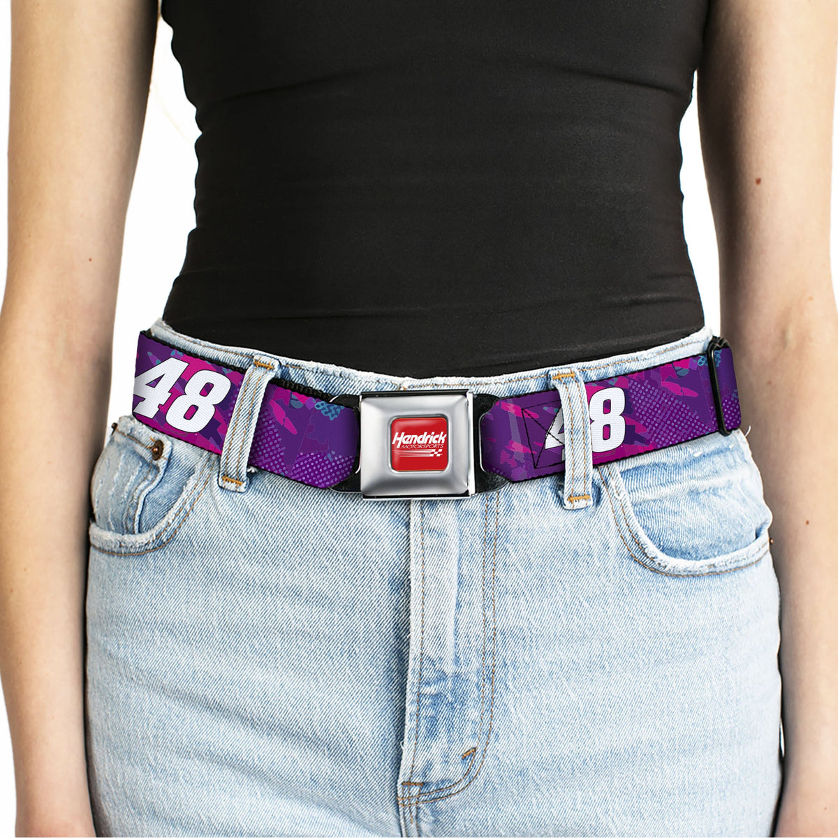 HENDRICK MOTORSPORTS Checker Logo Full Color Red/White Seatbelt Belt - Alex Bowman #48 Car Scheme Purples/Pinks/White Webbing