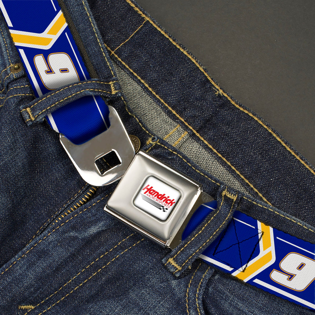 HENDRICK MOTORSPORTS Checker Logo Full Color Red/White Seatbelt Belt - Chase Elliott #9 Car Scheme Blue/Yellow/White Webbing