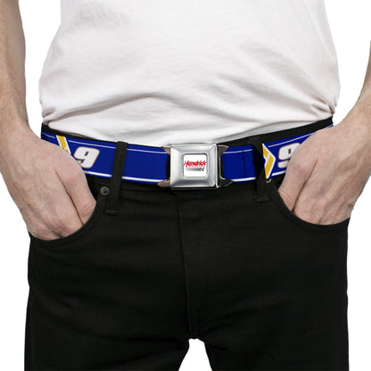 HENDRICK MOTORSPORTS Checker Logo Full Color Red/White Seatbelt Belt - Chase Elliott #9 Car Scheme Blue/Yellow/White Webbing