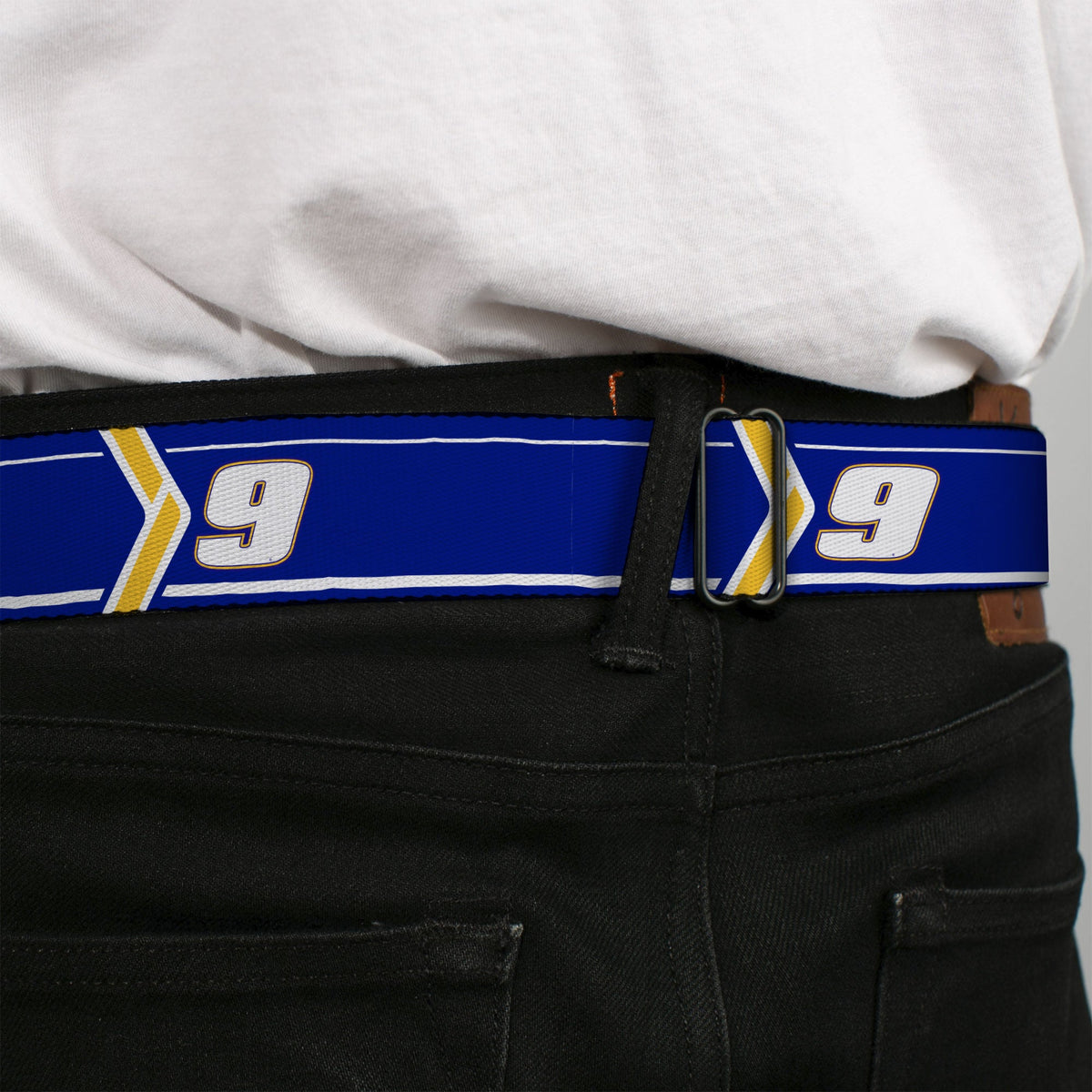 HENDRICK MOTORSPORTS Checker Logo Full Color Red/White Seatbelt Belt - Chase Elliott #9 Car Scheme Blue/Yellow/White Webbing