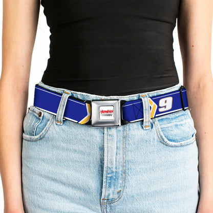 HENDRICK MOTORSPORTS Checker Logo Full Color Red/White Seatbelt Belt - Chase Elliott #9 Car Scheme Blue/Yellow/White Webbing