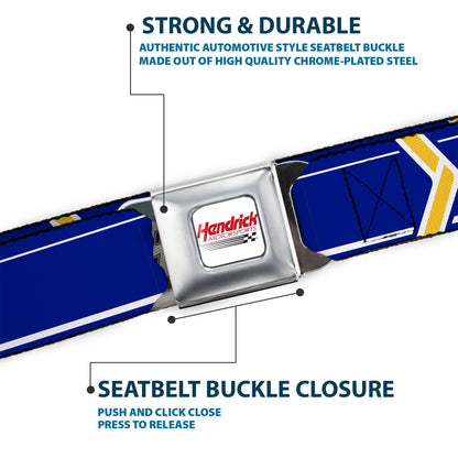 HENDRICK MOTORSPORTS Checker Logo Full Color Red/White Seatbelt Belt - Chase Elliott #9 Car Scheme Blue/Yellow/White Webbing