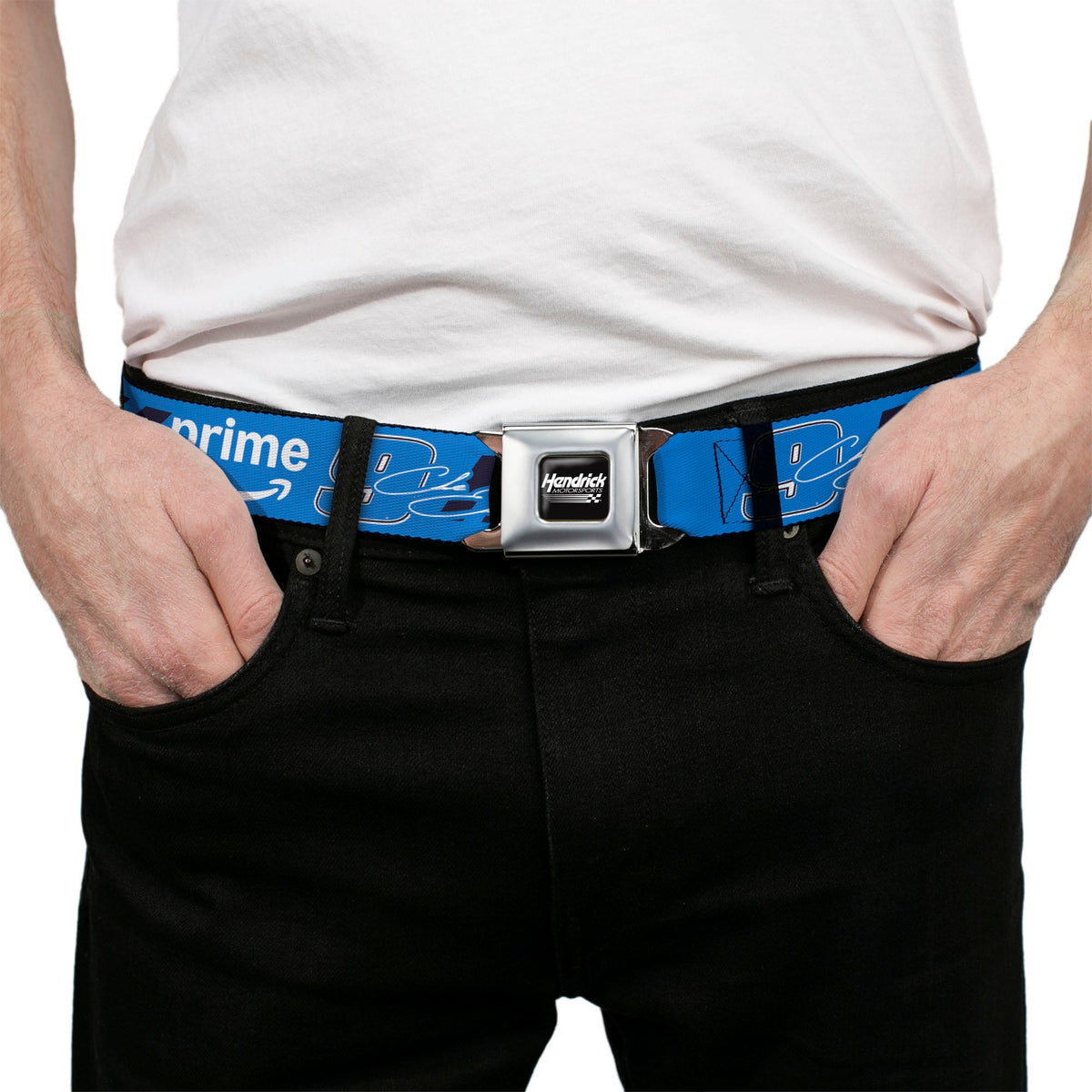 HENDRICK MOTORSPORTS Checker Logo Full Color Black/White Seatbelt Belt - Chase Elliott #9 Autograph PRIME Logo Blue/Black/White Webbing