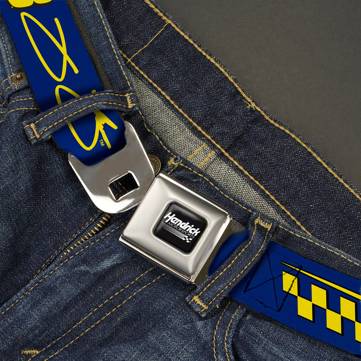 HENDRICK MOTORSPORTS Checker Logo Full Color Black/White Seatbelt Belt - Jimmie Johnson #48 Autograph Checker Blue/Yellow Webbing