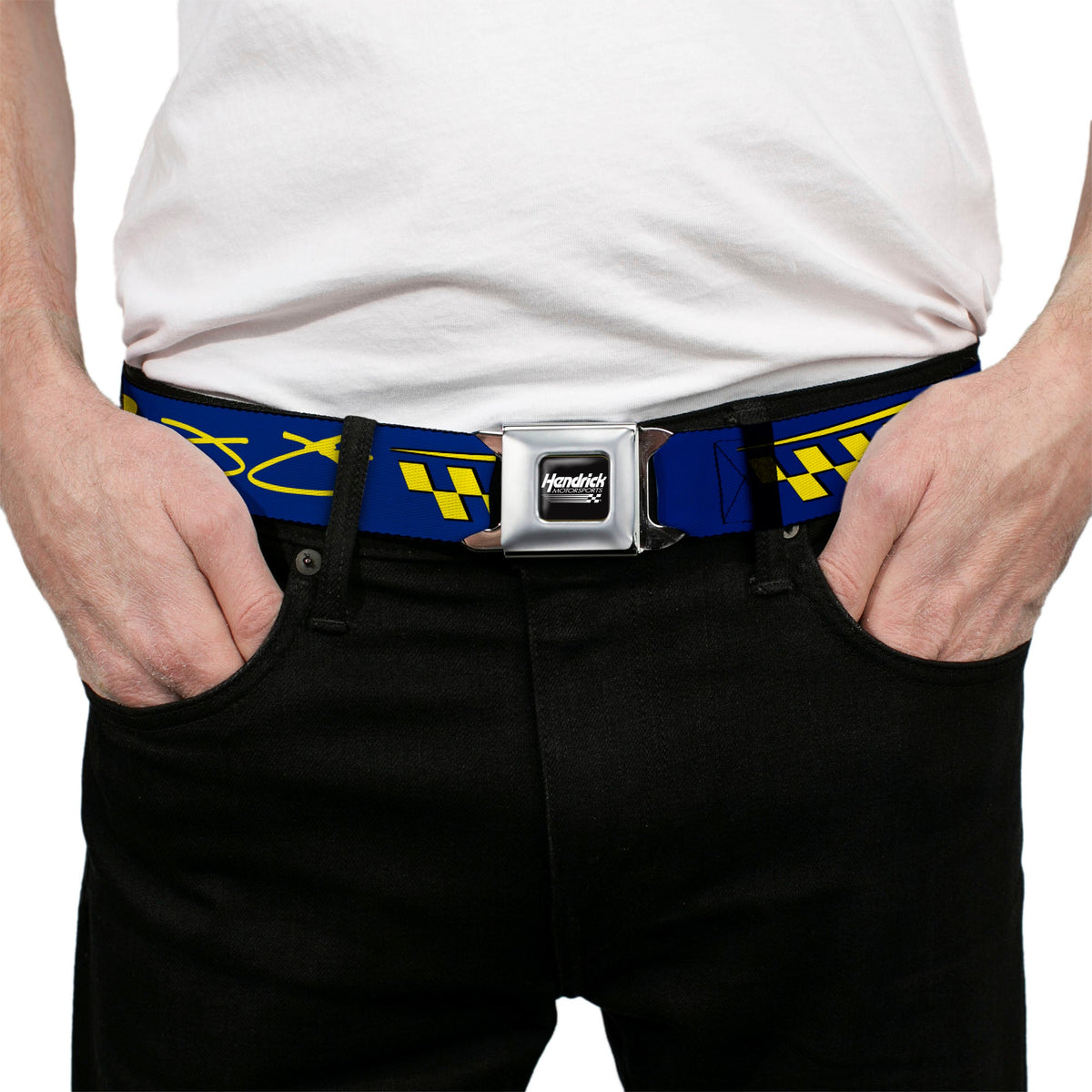 HENDRICK MOTORSPORTS Checker Logo Full Color Black/White Seatbelt Belt - Jimmie Johnson #48 Autograph Checker Blue/Yellow Webbing