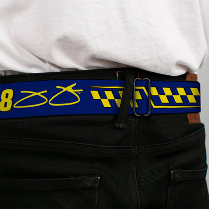 HENDRICK MOTORSPORTS Checker Logo Full Color Black/White Seatbelt Belt - Jimmie Johnson #48 Autograph Checker Blue/Yellow Webbing