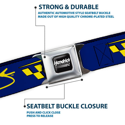HENDRICK MOTORSPORTS Checker Logo Full Color Black/White Seatbelt Belt - Jimmie Johnson #48 Autograph Checker Blue/Yellow Webbing