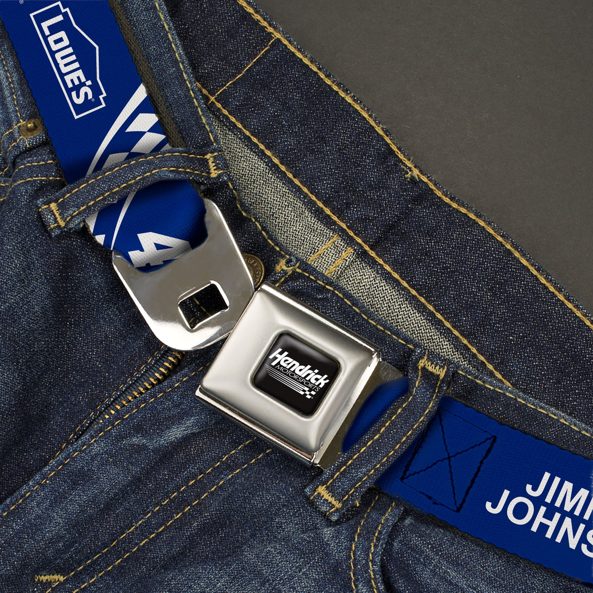 HENDRICK MOTORSPORTS Checker Logo Full Color Black/White Seatbelt Belt - JIMMIE JOHNSON #48 LOWE'S Logo Checker Blue/White Webbing