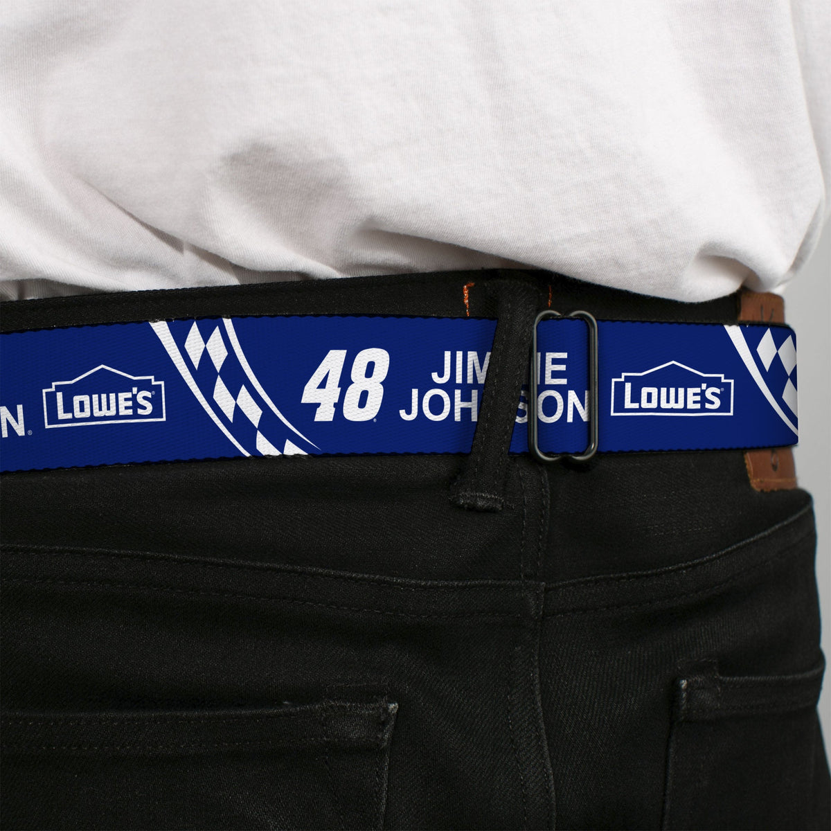 HENDRICK MOTORSPORTS Checker Logo Full Color Black/White Seatbelt Belt - JIMMIE JOHNSON #48 LOWE'S Logo Checker Blue/White Webbing