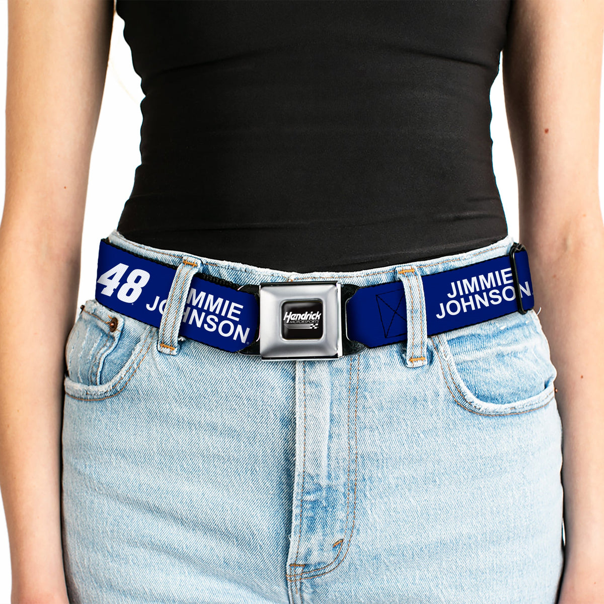 HENDRICK MOTORSPORTS Checker Logo Full Color Black/White Seatbelt Belt - JIMMIE JOHNSON #48 LOWE'S Logo Checker Blue/White Webbing