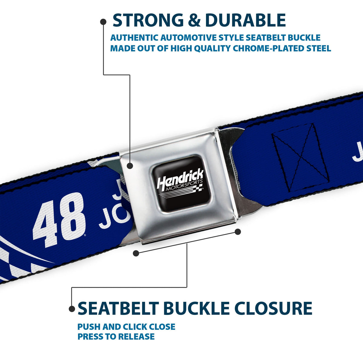 HENDRICK MOTORSPORTS Checker Logo Full Color Black/White Seatbelt Belt - JIMMIE JOHNSON #48 LOWE'S Logo Checker Blue/White Webbing