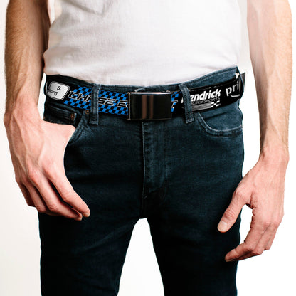 Web Belt Blank Black Buckle - CHASE ELLIOTT #9 PRIME Hendrick Motorsports Logo Black/White/Blue Webbing